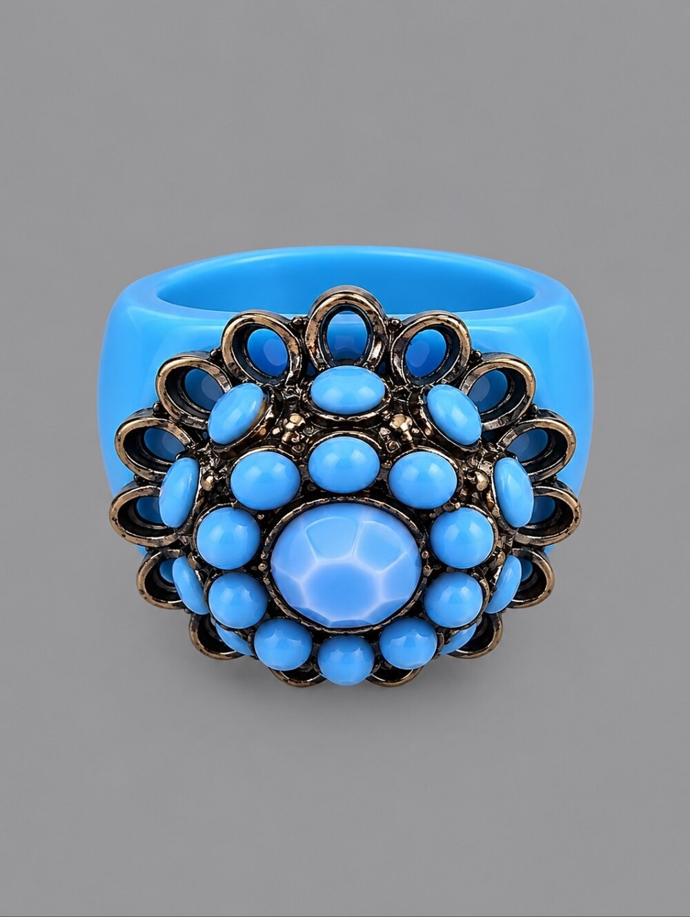 VTG Mid-century Mod Blue Lucite Coquette Flower Ring Size 8